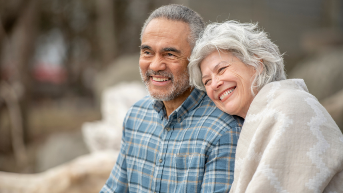 Retired couple seated outdoors