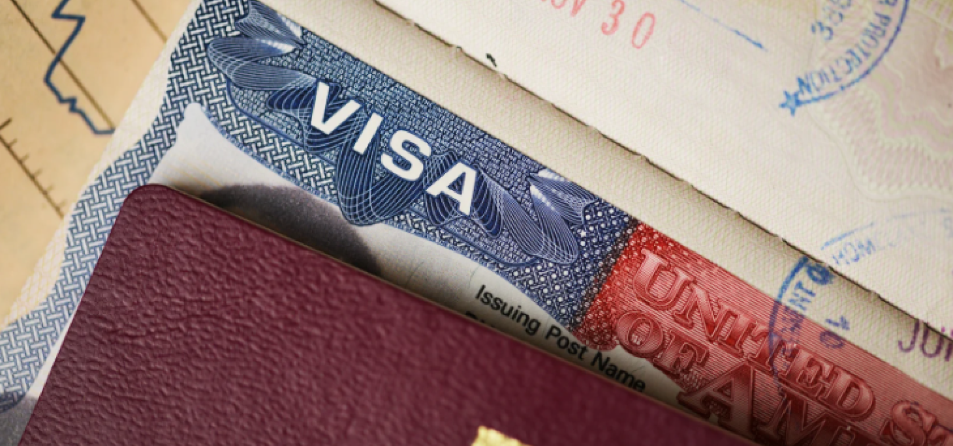 The picture displays a closeup picture of a visa.
